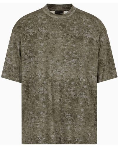 Emporio Armani T-shirt Over Fit In Jersey Misto Lyocell Fantasia Camouflage Asv - Verde