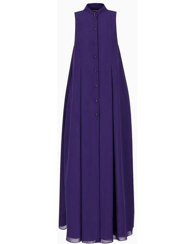 Emporio Armani Long Dress In Georgette With Guru Collar And Flared Lines - Purple