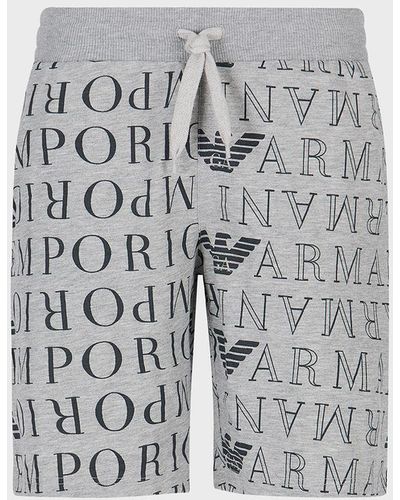 Emporio Armani Loungewear Shorts With All-over Logo Lettering - Grey