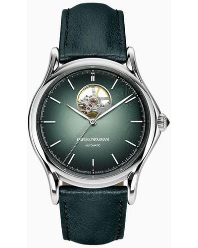 Emporio Armani Swiss-made-automatikuhr Mit Uhrband Aus Grünem Leder - Blau