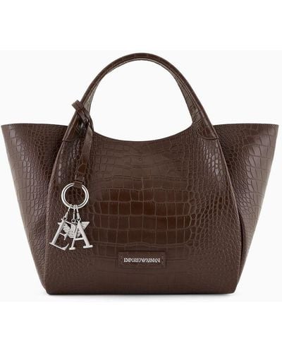 Emporio Armani Shopper Bag With Mock-croc Finish And Logo Charm - Brown