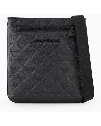 Emporio Armani Flat Leather Shoulder Bag With All-over Embossed Eagle - Black