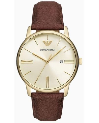 Emporio Armani Three-hand Date Brown Leather Watch - White