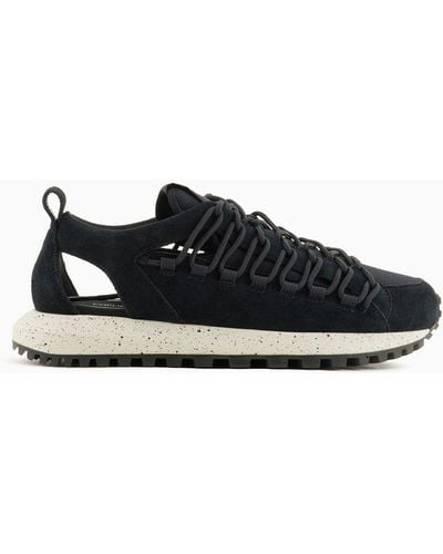 Emporio Armani Perforated Suede And Knit Trainers With Hiking Laces - Black