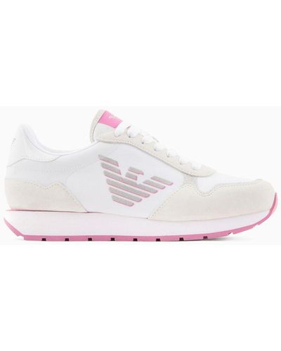 Emporio Armani Suede And Nylon Trainers With Oversized Eagle - Pink