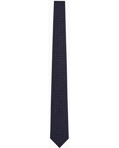 Giorgio Armani Pure Silk Tie With Chevron-motif Jacquard Lettering - Blue