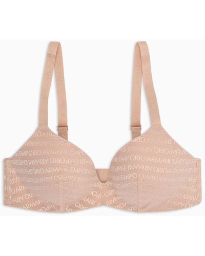 Emporio Armani Ari Sustainability Values Padded Triangle Bra In Recycled Bonded Mesh With All-over Lettering - Natural