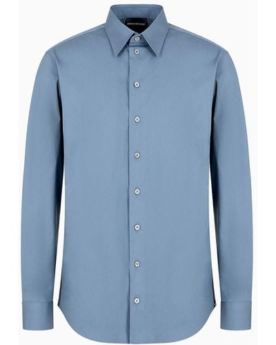 Emporio Armani Hemd Mit Klassischem Kragen, Gefertigt Aus Elastischem Baumwollsatin - Blau