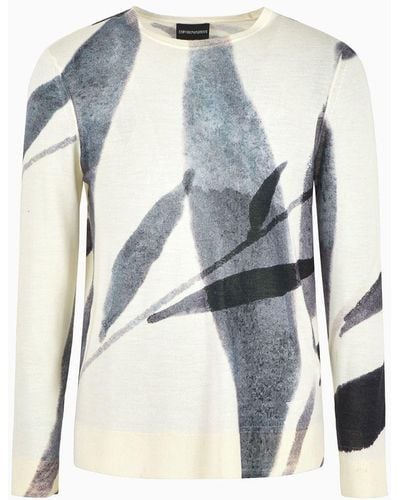 Emporio Armani Plain-knit Virgin-wool Sweater With All-over Abstract Nature Print - Gray