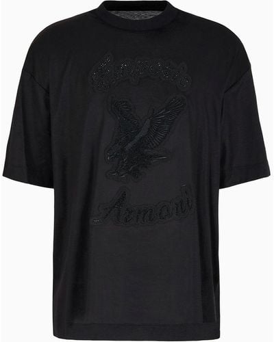 Emporio Armani T-shirt Over Fit In Jersey Misto Lyocell Con Patch E Ricamo Strass Clubwear Asv - Nero