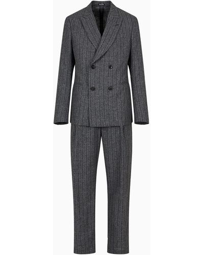 Emporio Armani Modern-fit Double-breasted Suit In A Mouliné Linen Blend With Pinstripes - Black