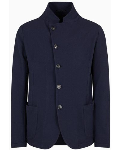 Emporio Armani Guru-collar Jacket With Off-centre Fastening In 3d-effect Technical Jersey - Blue