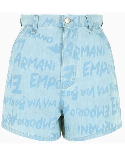 Emporio Armani Light Denim Shorts With All-over Lettering Print - Blue