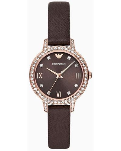 Emporio Armani Three-hand Brown Leather Watch - White