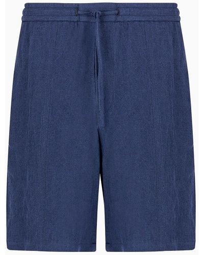 Emporio Armani Faded Linen With A Crêpe Texture Drawstring Board Shorts With Drawstring - Blue