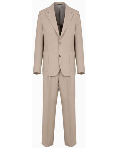 Emporio Armani Single-breasted Suit In A Stretch Summer Wool And Silk Blend Canvas - Natural