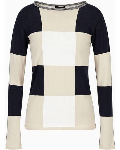 Emporio Armani Seamless Cashmere Blend Silk Jacquard Check Sweater - White