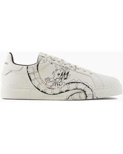 Emporio Armani Sneakers In Pelle Stampa Drago - Bianco