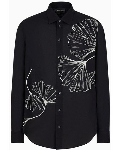 Emporio Armani Viscose Shirt With An All-over Nature Print - Black