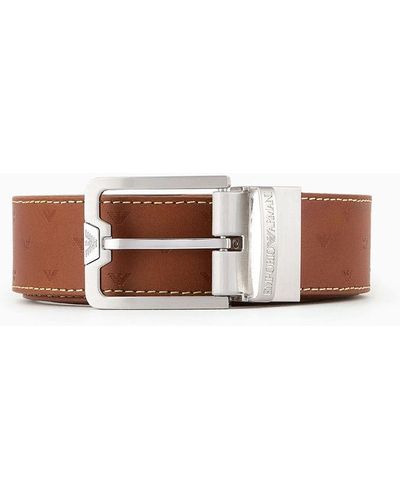 Emporio Armani Ceinture Réversible En Cuir Avec Aigle Embossé All Over - Blanc