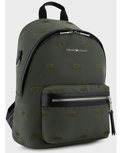 Emporio Armani Armani Sustainability Values Backpack In Recycled Nylon With All-over Eagle Stamp Embroidery - Green