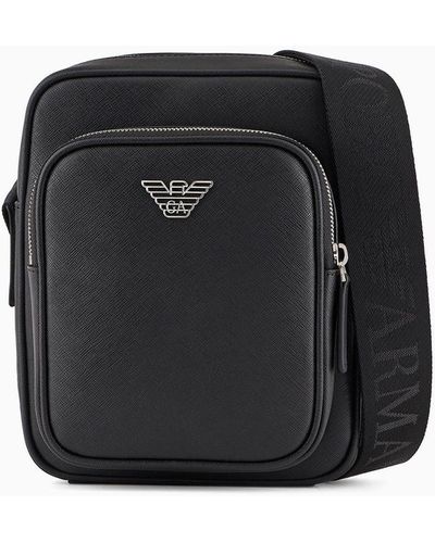 Emporio Armani Asv Crossbody Bag In Regenerated Saffiano Leather With Eagle Plaque - Black