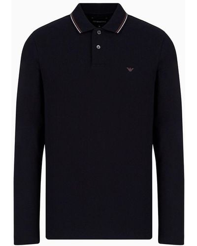 Emporio Armani Long-sleeved Stretch Piqué Polo Shirt With Micro Eagle Embroidery - Blue