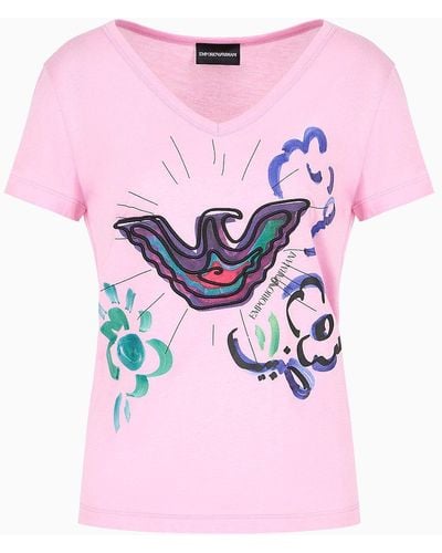 Emporio Armani V-neck T-shirt In Soft Modal-blend Jersey With Eagle Embroidery And Print - Pink