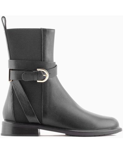 Emporio Armani Leather Ankle Boots With Strap - Black