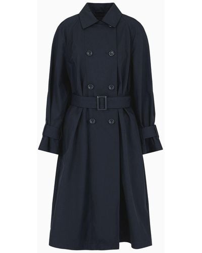 Emporio Armani Double-breasted Trench Coat With Belt In Water-repellent Technical Cotton - Blue