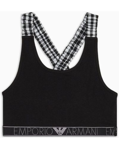 Emporio Armani Jersey Loungewear Crop Top With Gingham Details - Black