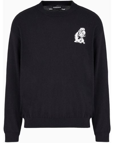 Emporio Armani Plain-knit Virgin-wool Jumper With French Bulldog Embroidery - Blue