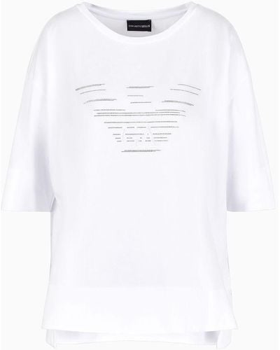 Emporio Armani Camiseta De Corte Ancho Con Estampado Grande De Águila Con Strass Y Logotipo Bordado - Blanco