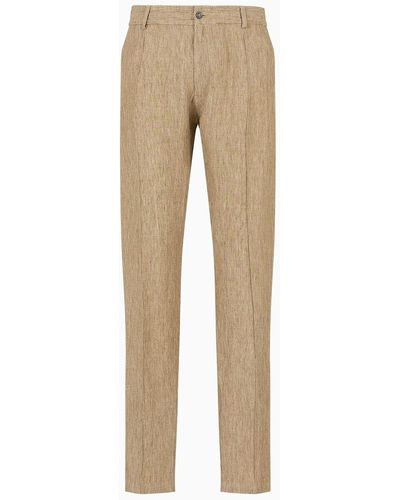 Emporio Armani Crêpe-effect Faded Linen Trousers With Ribbing - Natural