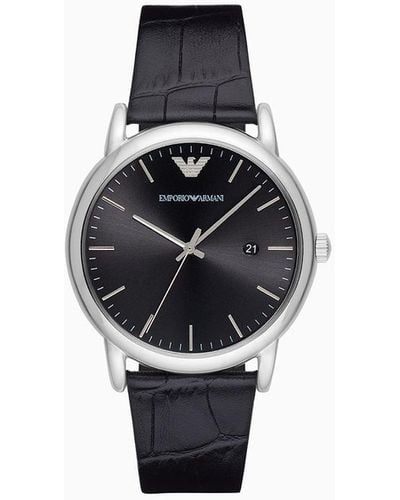 Emporio Armani Man Three-hands Leather Watch - Black