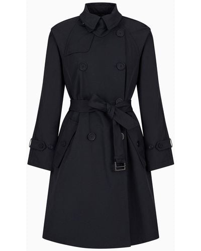 Emporio Armani Double-breasted Trench Coat In Water-repellent Gabardine - Blue