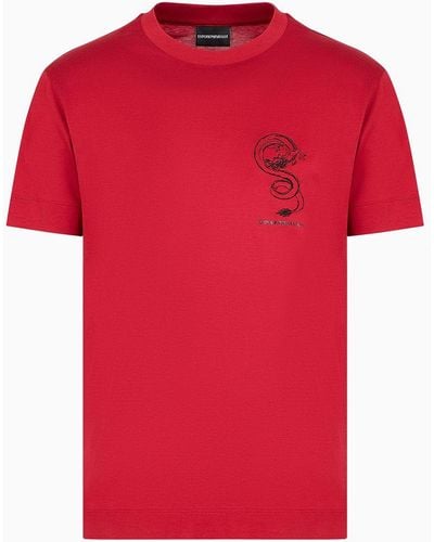 Emporio Armani Armani Sustainability Values Lyocell-blend Jersey T-shirt With Dragon Embroidery - Red