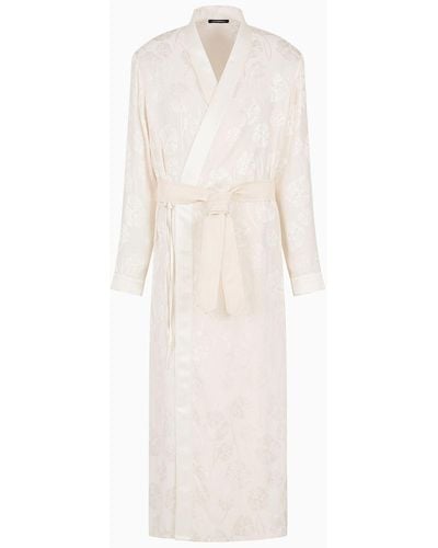 Emporio Armani Silk-blend Satin Overcoat With Robe Fastening And All-over Ramage Embroidery - White