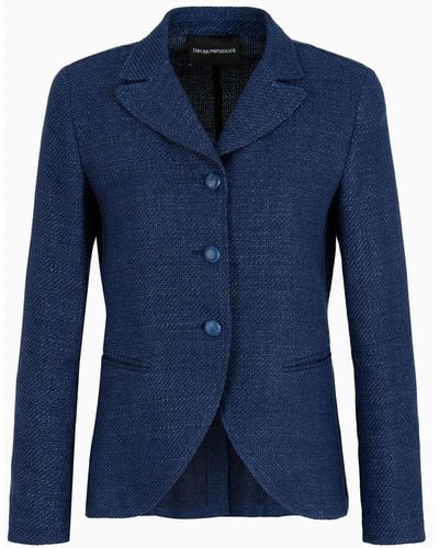 Emporio Armani Veste À Simple Boutonnage En Tissu De Lin Et Coton Armuré - Bleu
