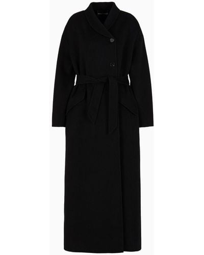Emporio Armani Long Wool Cloth Coat With Off-centre Closure And Belt - Black