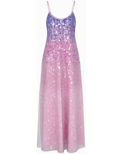 Emporio Armani Silk Organza Dress With Gradient Shade Motif And All-over Bead And Sequin Embroidery - Purple