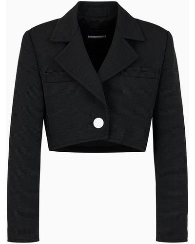 Emporio Armani Cropped Jacket With Lapels In Technical Faille - Black
