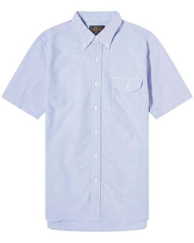 Beams Plus Button Down Short Sleeve Oxford Shirt - Blue