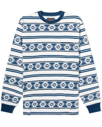 Beams Plus Long Sleeve Jacquard Stripe Pocket T-Shirt - Blue