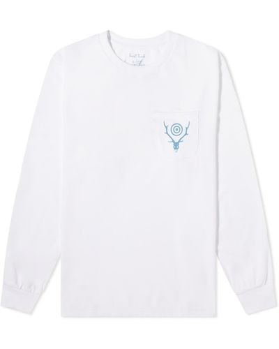 South2 West8 Long Sleeve Circle Horn Pocket T-Shirt - White