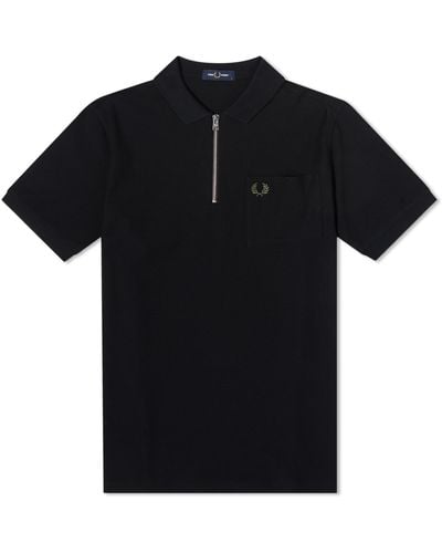 Fred Perry Textured Zip Neck Polo Shirt - Black