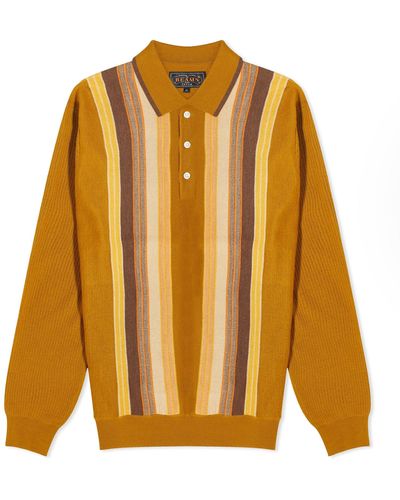 Beams Plus Stripe Knit Long Sleeve Polo Shirt - Orange