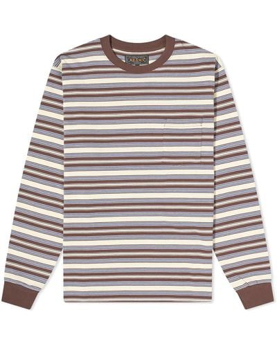 Beams Plus Long Sleeve Multi Stripe Pocket T-Shirt - Brown