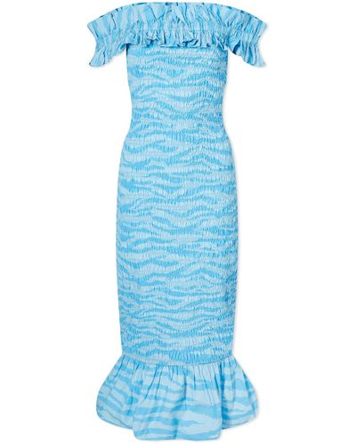 Ganni Off-Shoulder Smock Midi Dress - Blue
