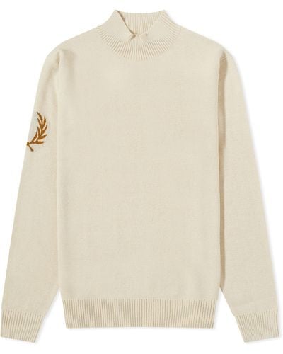 Fred Perry Intarsia Laurel Wreath Mock Neck Knit - White